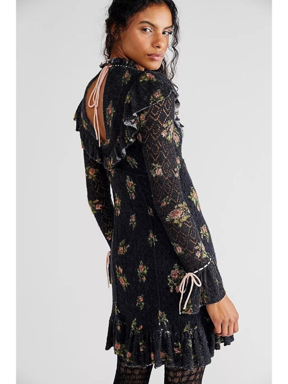 Free People Rose Petal Black Floral Knit Long Sleeve Dress Women's Size Small - Picture 3 of 11